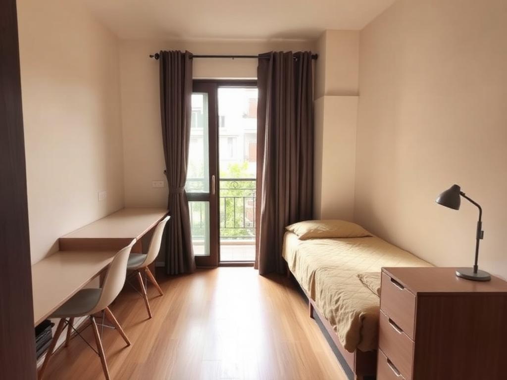 Helles möbliertes Wohn-Schlafzimmer mit Bett, Schreibtisch und Balkontür in Freiburg-Herdern